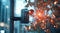 Outdoor security camera mounted on wall with autumn foliage and bokeh lights creating warm ambiance in evening setting.