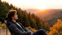 Young businessman in suit relaxing outdoors during golden hour sunset in mountain landscape with forest trees and autumn colors for lifestyle content.