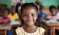 Young African girl with colorful hair accessories smiling in classroom setting, representing education, childhood, and learning in developing countries.