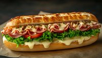 Fresh submarine sandwich with layers of ham, salami, melted cheese, crisp lettuce, ripe tomatoes and mayonnaise on crusty baked bread, served on brown paper.
