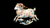 Decorative Chinese zodiac ram leaping with floral and cloud motifs, isolated on transparent background, ready for stickers, sublimation, and print on demand.