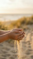Hands cupping and releasing golden sand at sunset beach, symbolizing letting go, mindfulness and connection with nature for wellness concepts.