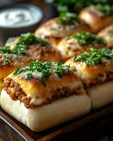 Freshly baked garlic bread rolls topped with melted cheese and fresh herbs on wooden cutting board for restaurant menu and food photography.