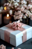 Elegant white gift box decorated with blush pink satin ribbon and delicate rose blooms, set against soft candlelight and floral background for wedding or celebration.