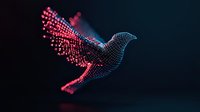 Digital bird shape formed by glowing pink and blue particles against dark background, creating dynamic motion effect with trailing light points.