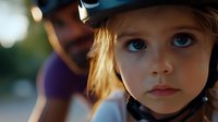 Young blonde child wearing protective helmet with intense blue eyes in soft evening light, blurred adult figure in background, capturing innocence and safety awareness.