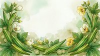 Watercolor botanical frame with green stems, white and yellow flowers, and seed pods on cream background, suitable for greeting cards and stationery design.
