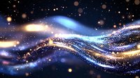 Magical glowing waves with sparkling particles flow through starry space, creating luminous streams of blue and gold light against dark background.