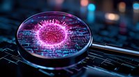 Glowing pink virus cell under magnifying glass on digital circuit board background with blue bokeh lights, scientific research concept for medical presentations.