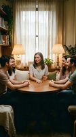 Group of diverse young adults having friendly conversation around wooden table in cozy living room with warm lighting and plants for social gathering concepts.