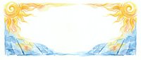 Watercolor solar panels with golden sun ornaments in corners and blue sky, renewable energy concept for sustainability and eco-friendly power generation designs.