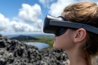 Young woman wearing virtual reality headset against scenic mountain landscape with lake and cloudy sky, exploring digital world in nature setting.