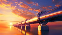 Industrial pipeline stretching across calm water at dramatic sunset with orange clouds reflecting on surface, energy transportation infrastructure in golden light.