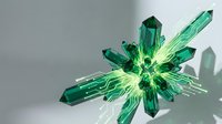 Green crystal formation with radiating geometric spikes and translucent emerald facets creating dramatic light reflections on neutral background.