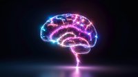 Glowing neon brain silhouette with electric lightning effect in pink and blue colors on dark background, neural network and artificial intelligence concept.