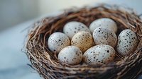 Speckled bird eggs nestled in woven nest on soft background for Easter spring nature wildlife ornithology educational content and seasonal decorations.