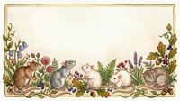 Adorable woodland animals including rabbits, squirrels and hedgehogs surrounded by wildflowers and plants in decorative border frame for greeting cards.