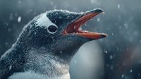 Adelie penguin chick calling with open beak during Antarctic snowfall. Wildlife communication behavior in natural polar habitat with falling snow.