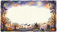 Halloween autumn landscape frame with pumpkins, haunted house, bats and full moon on transparent background for seasonal design projects.