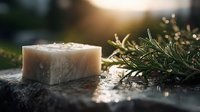 Natural handmade soap bar with fresh rosemary herbs on rustic wooden surface. Organic skincare product for spa treatments and aromatherapy relaxation.