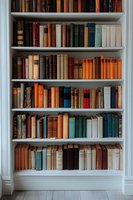 Vintage hardcover books arranged on white wooden shelves, featuring various sizes and colors including orange, green, brown and cream spines in classic library setting.