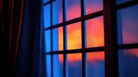 Vibrant sunset sky viewed through window panes, creating a grid pattern silhouette against colorful orange, pink and blue twilight atmosphere.