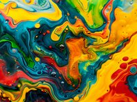 Vibrant fluid art with swirling patterns of yellow, blue, green, orange, and red paint creating abstract marble-like textures.