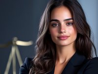 Young Hispanic female lawyer in professional attire with scales of justice symbol in background, representing legal expertise and confidence in modern office setting.