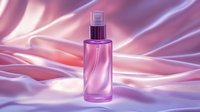 Pink glass cosmetic spray bottle on silky fabric background with soft purple lighting and elegant folds creating luxurious beauty product presentation.