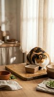 Calico cat eating from a bowl on a rustic wooden table in a cozy sunlit kitchen with linen curtains and natural decor.