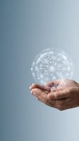 Hands holding glowing digital network sphere with connected icons representing global communication, technology innovation and data connectivity concepts.