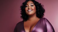Confident plus size African American woman with curly hair smiling warmly in burgundy satin top against pink gradient background for body positivity campaigns.