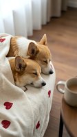 Two adorable corgi puppies sleeping peacefully under heart-patterned blanket on cozy sofa with coffee cup nearby creating warm domestic comfort scene.