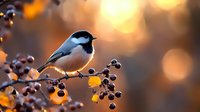 Small chickadee perched on branch with winter berries against blurred golden sunset bokeh background, creating magical nature atmosphere in evening light.