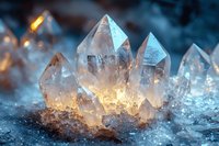 Glowing crystal cluster with warm light illuminating from within against dark background, magical quartz formation with ethereal atmosphere and frost details.