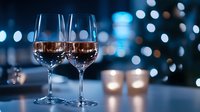 Two wine glasses filled with red wine against blurred city lights and candles, suitable for restaurant, bar, celebration, and beverage marketing materials.