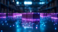 Futuristic digital landscape with glowing neon lights and reflective surface creating depth perspective. Purple and blue bokeh effects form abstract technological grid pattern.