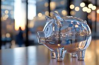 Clear glass piggy bank on table with blurred bokeh lights background, symbolizing savings, financial planning and investment concepts. Side view shows transparent design.