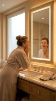 Young Caucasian woman in bathrobe examining face in illuminated bathroom mirror during morning skincare routine in luxury spa-like setting.