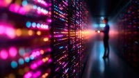 Futuristic digital data center corridor with glowing server racks and colorful LED lights creating cyberpunk atmosphere for technology concepts.