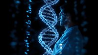 Scientist in lab coat examining glowing blue DNA helix structure against dark background with digital data visualization.