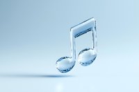 Musical note symbol made of pure transparent water droplet on light blue background with soft shadow, creative liquid art photography.