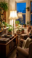 Cozy evening living room interior with vintage lamp, houseplants, vinyl records and comfortable armchair creating warm atmospheric home decor for relaxation.