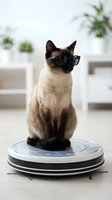 Smart Siamese cat wearing glasses sitting on robotic vacuum cleaner in modern home interior for technology and pet care concepts.