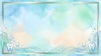 Dental care watercolor border frame with tooth icons and flowing waves on soft pastel background, suitable for dental clinic designs, healthcare marketing, and dental practice branding materials.