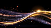 Magical glowing wave with golden light trail and sparkling particles flowing on black background, creating dynamic abstract motion effect.