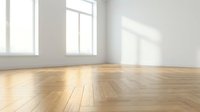 Empty room interior with wooden parquet flooring and white walls featuring large windows with natural sunlight streaming in for home design.