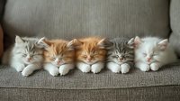 Five adorable fluffy kittens sleeping peacefully in a row on gray sofa. Mixed colors including orange tabby, gray, and white. Cozy home interior scene.