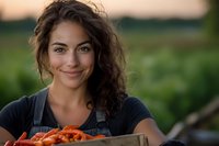 Young Mediterranean female farmer holding wooden crate of fresh harvested tomatoes, smiling at camera. Natural sunlight and green field background create warm agricultural scene.