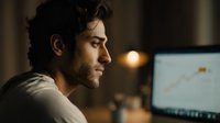 Young Middle Eastern businessman working late at night on laptop computer analyzing financial data charts and graphs in modern office environment.